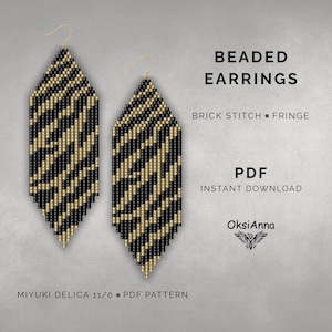 Zebra print Beaded earrings Abstract Brick stitch earrings with fringe Black gold Seed bead earrings Long miyuki delica earrings design