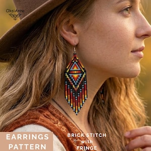 May include: Diamond-shaped beaded earrings featuring a geometric pattern in black, red, orange, yellow, and blue. The earrings include a brick stitch design with a long, multi-colored beaded fringe hanging from the bottom edge.