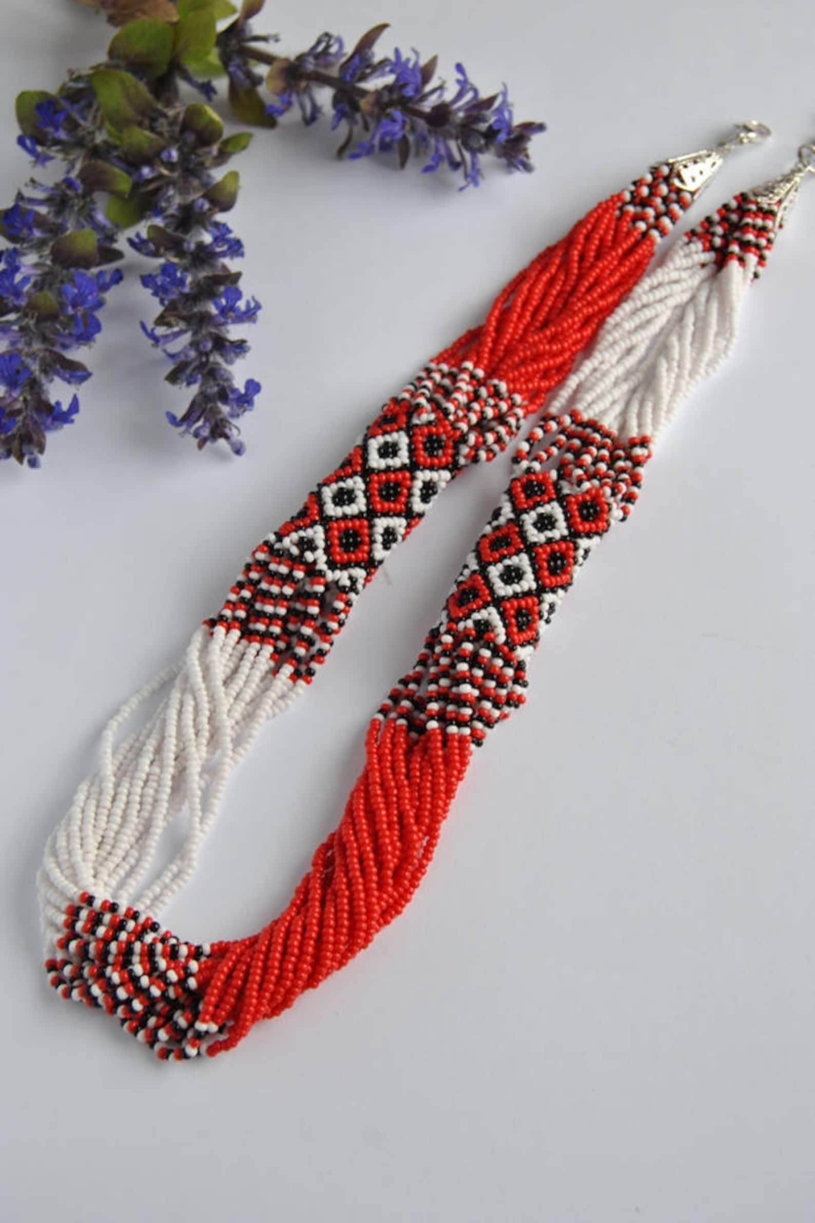 Beaded Ukrainian necklace Red ethnic necklace Red white Seed Etsy