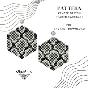 May include: Two beaded earrings with a geometric pattern in black, white, and gray. The earrings are hexagonal in shape and feature a peyote stitch design. The image also includes the text "PATTERN PEYOTE STITCH BEADED EARRINGS PDF INSTANT DOWNLOAD".