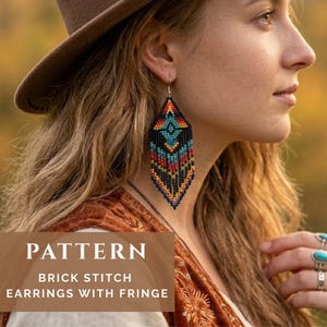 May include: Diamond-shaped brick stitch earrings featuring a geometric pattern of black, turquoise, red, yellow, and orange beads with a dangling fringe. The earrings are displayed alongside text that reads PATTERN BRICK STITCH EARRINGS WITH FRINGE.