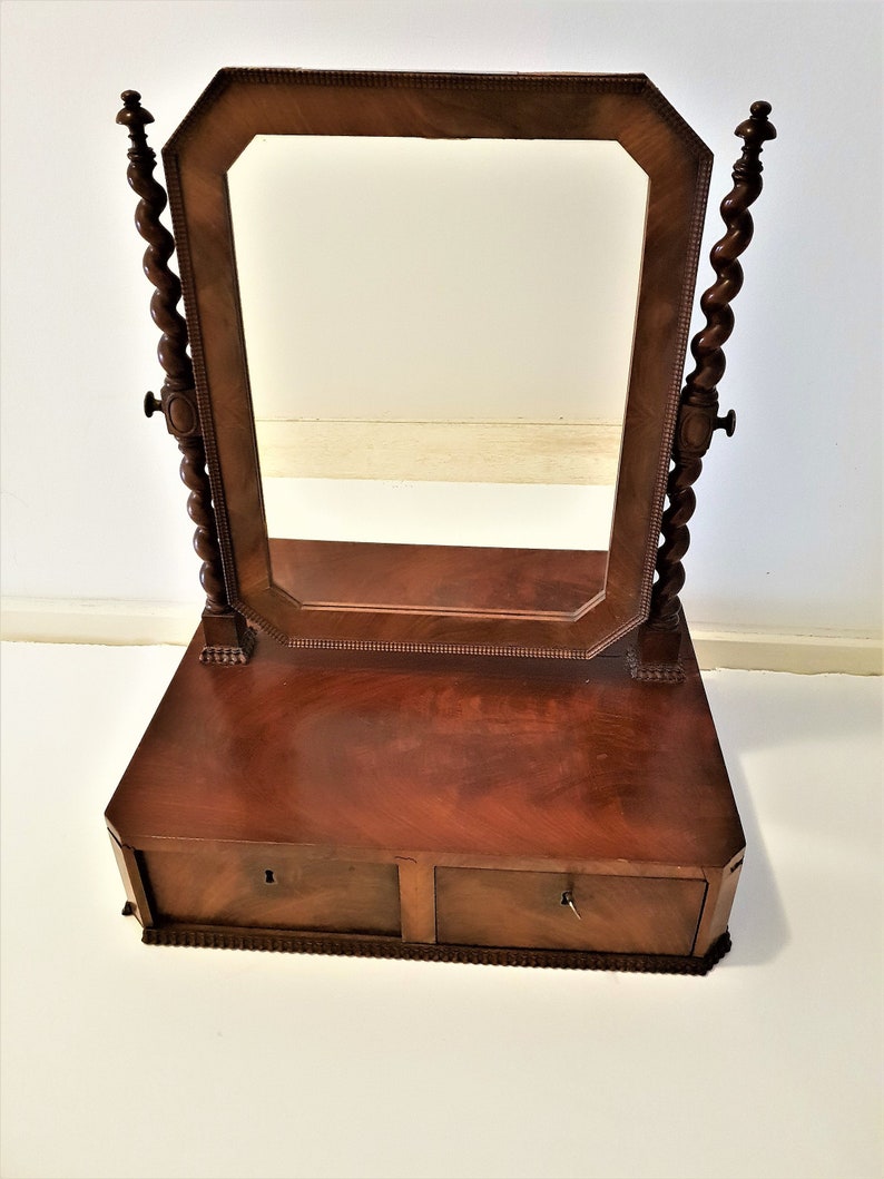 Beautiful Original Antique Mahogany Barley Twist Victorian Table Top Mirror Vanity Dressing Swivel