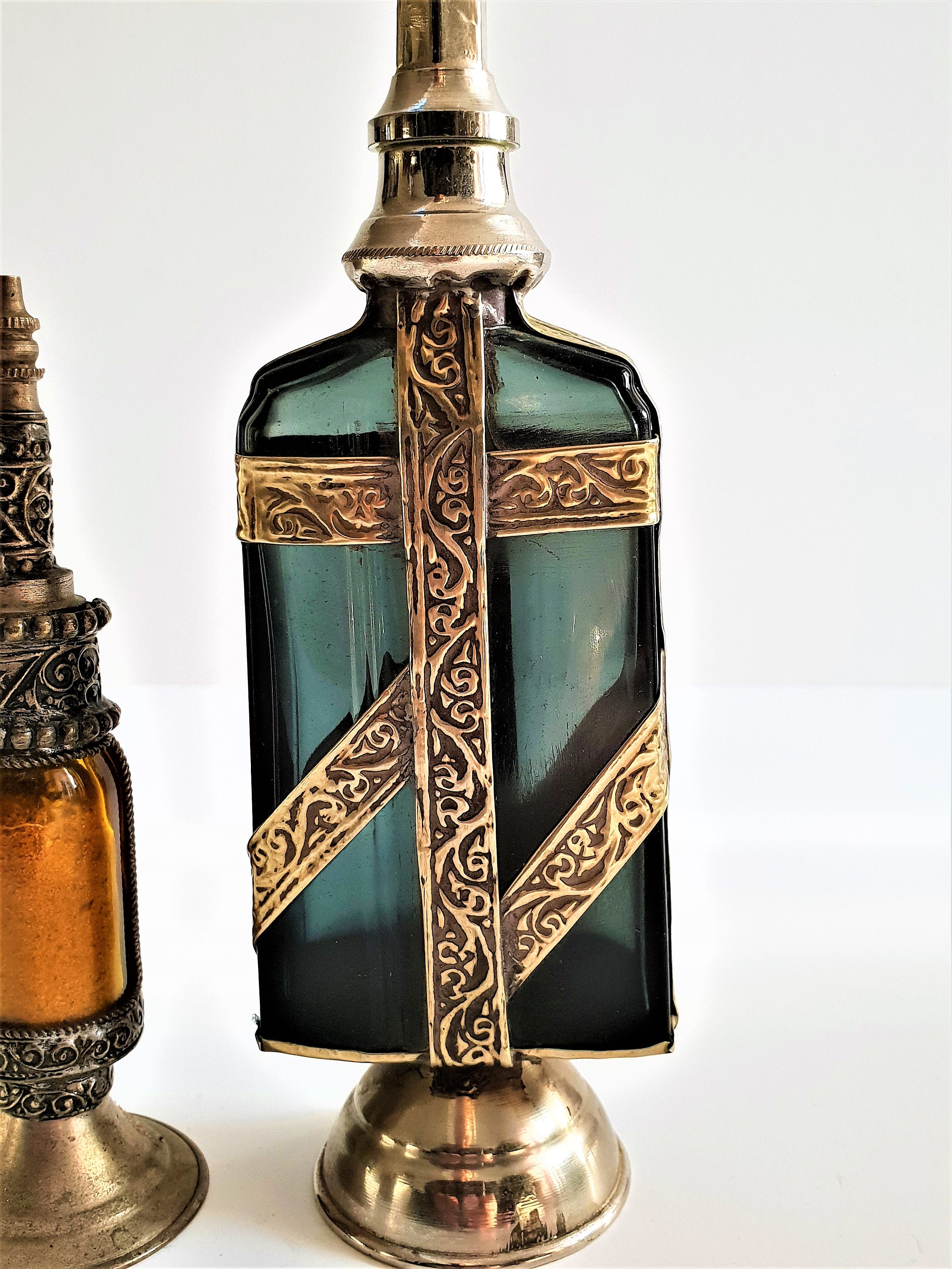 Moroccan Glass Perfume Bottle with Embossed Silvered Metal Design