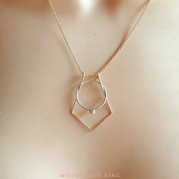 Geo geometrische diamanten ringhouder hanger ketting [Sterling zilver/ 14K goud gevuld/ 9ct massief goud-geel, roze of wit]
