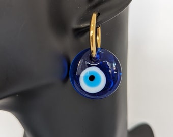 Large Blue  Glass Lucky Evil Eye Loop Earrings, Comes with a Velvet Pouch