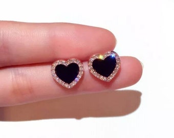 Cute Enameled Heart Stud Earrings incrusted with Rhinestones. comes with velvet gift pouch