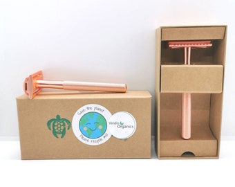 Eco Friendly Unisex Metal Rose Gold Reusable Razor. Option of Gift Set Contains  Razor, shaving soap and  shaving brush. Eco shaving Gift.