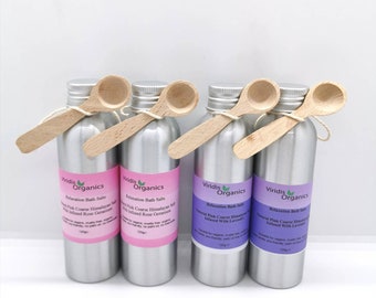 Natural Himalayan Bath Salts with Organic Essential oils in Lavender or Rose Geranium. Eco Friendly Aluminium Reusable Bottle & Wood Spoon.