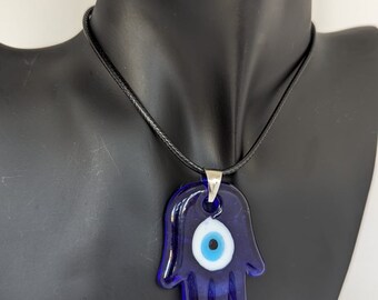 Blue Glass Hamsas Hand with  Lucky Evil Eye, Comes with Velevet Pouch