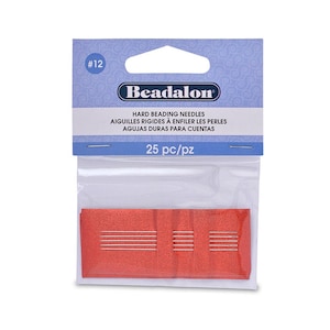 May include: A package of 25 #12 Beadalon hard beading needles. The needles are packaged in a clear plastic bag with a red backing card. The card has the Beadalon logo and the text "Hard Beading Needles", "Aiguilles Rigides à Enfiler les Perles", and "Agujas Duras Para Cuentas". The card also has the text "25 pc/pz".