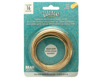 May include: A spool of 16 gauge gold-colored tarnish-resistant craft wire. The wire is dead-soft, extra-doux, and blando. The spool is labeled "Wire elements" and "Bead Smith". The wire is 15 feet long.