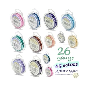 May include: Artistic Wire spools in various colors, 26 gauge. The image shows multiple spools of permanently colored copper wire in a variety of colors, with the text "45 colors" and "Artistic Wire".