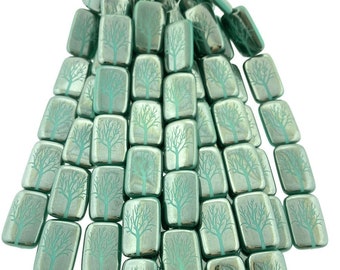 Czech Glass Beads ~ Winter Tree Green Turquoise Chrome - 18x12mm Laser Tattoo Beads