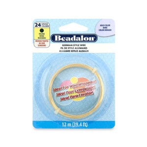 May include: A package of Beadalon German style gold-coloured wire, 24 gauge, with a medium temper. The package includes 12 metres (39.4 ft) of wire, ideal for wire wrapping. The packaging has text in English, French, and Spanish.