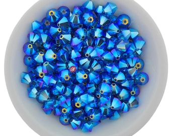 Preciosa Bicones, Capri Blue AB2X, 3 mm, 4 mm, 6 mm, Cuentas de cristal bicónicas