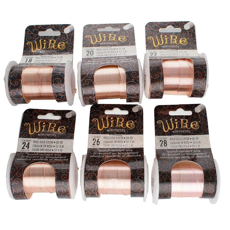 May include: Six spools of rose gold colored wire, each with a different gauge size, ranging from 18 to 28 gauge. The wire is tarnish-resistant and comes in various lengths, from 15 to 40 yards.