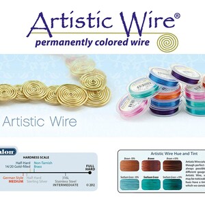 May include: A close-up of a spool of gold-colored Artistic Wire, a brand of permanently colored wire. The wire is coiled into a spiral shape. The image also includes a chart showing the different hardness levels of Artistic Wire.
