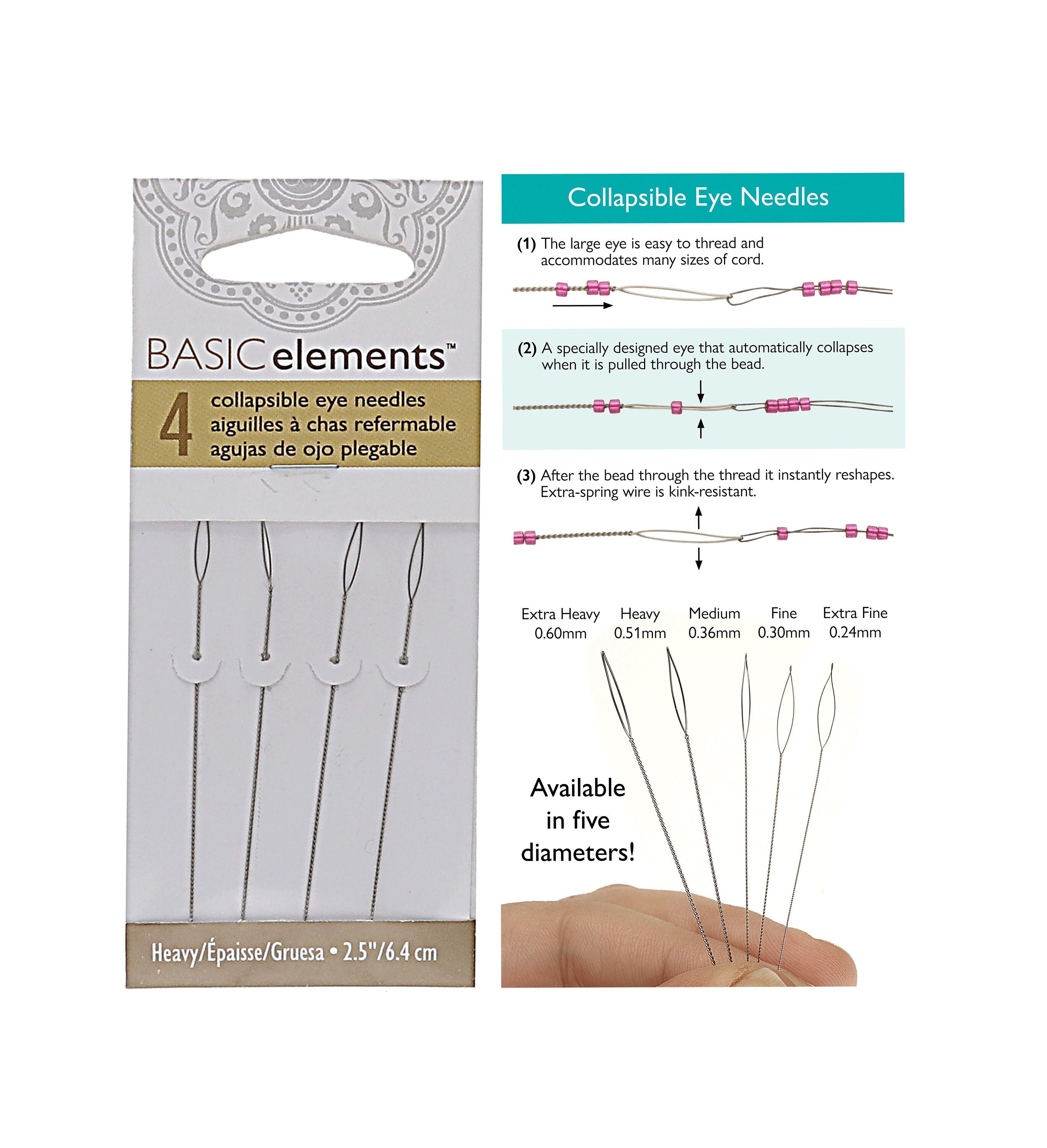 12 Beading Needles, FINE, 3.5 in, Flexible Twisted Steel, Collapsible Eye  For Pearl Knotting, Stringing Beads & Gemstones