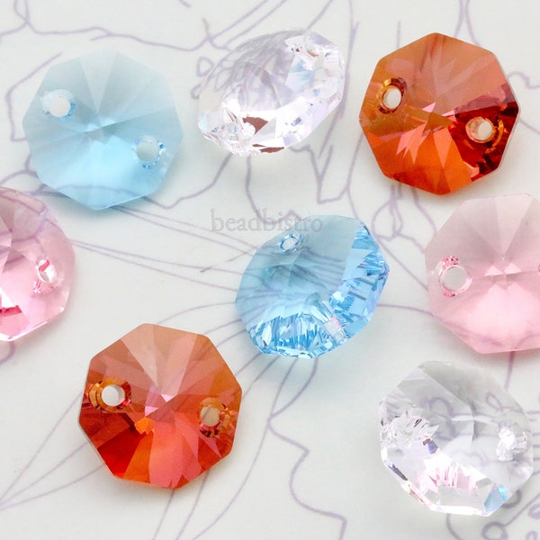 4 Pieces, Swarovski Octagon 2-Hole Beads 14mm, Crystal, Copper, Aquamarine, Light Rose #6404