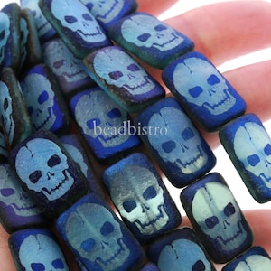 Laser Tattoo Skull Czech Beads, Transparent Light Blue Azuro - 18x12mm Czech Glass Beads (4 Pieces)