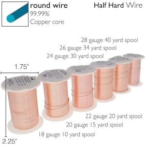 May include: Six spools of copper wire in various gauges, ranging from 18 gauge to 28 gauge. Each spool is labeled with the gauge and yardage. The spools are arranged in order of size, with the largest spool on the left and the smallest spool on the right. The spools are all half hard wire, which means they are slightly harder than soft wire but not as hard as hard wire. The wire is 99.99% copper core.