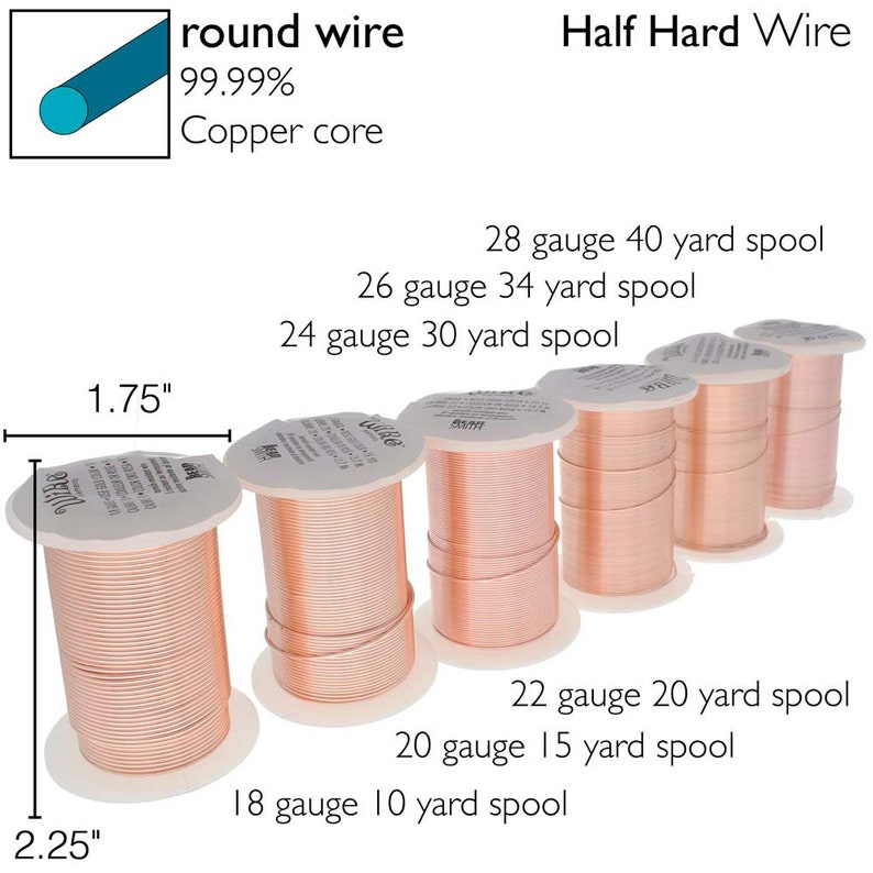 May include: Six spools of copper wire in various gauges, ranging from 18 gauge to 28 gauge. Each spool is labeled with the gauge and yardage. The spools are arranged in order of size, with the largest spool on the left and the smallest spool on the right. The spools are all half hard wire, which means they are slightly harder than soft wire but not as hard as hard wire. The wire is 99.99% copper core.
