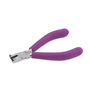 May include: A pair of silver-colored jewelry pliers with purple cushioned handles. The pliers are open, displaying the cutting edges. The handles are curved and ergonomic, designed for comfortable use. The tool is set against a white background.