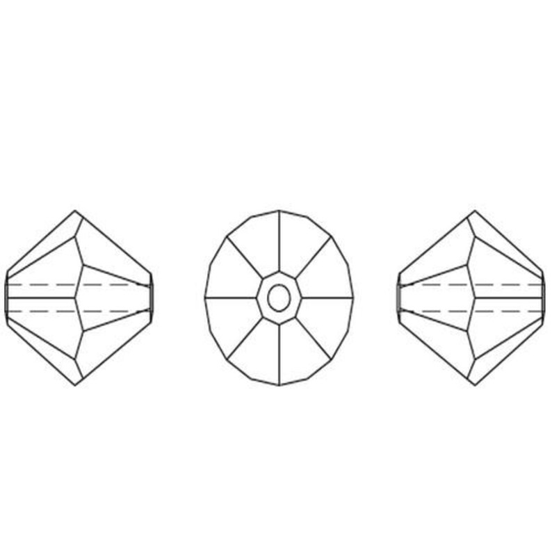 Puede incluir: Dibujo lineal de tres cuentas facetadas. Dos cuentas se muestran de lado, mostrando una forma de diamante con un agujero en el centro. La tercera cuenta se muestra desde el extremo, revelando una forma circular con m&uacute;ltiples facetas.