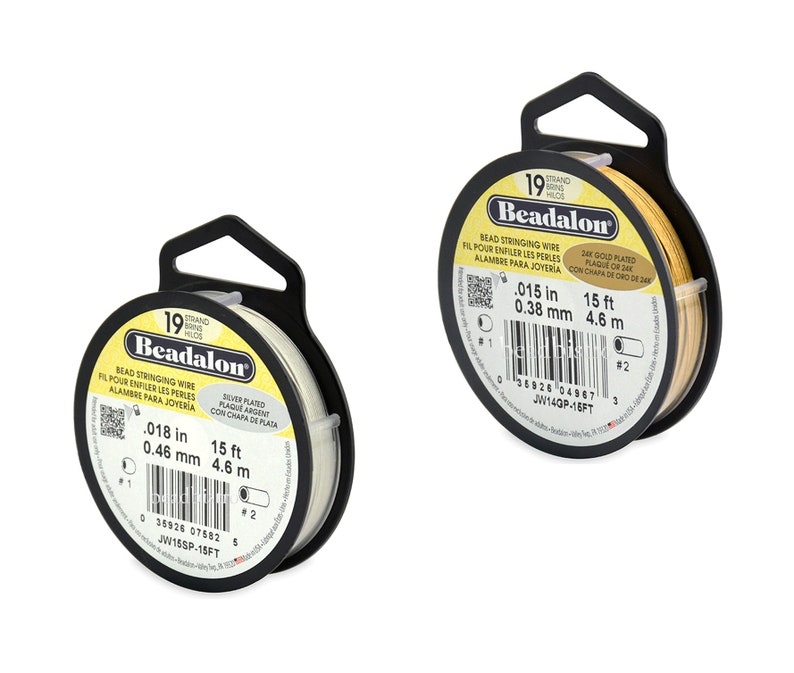 May include: Two spools of Beadalon bead stringing wire. The spool on the left is silver plated and is 15 feet long, 0.018 inches in diameter, and 0.46 mm in diameter. The spool on the right is 24k gold plated and is 15 feet long, 0.015 inches in diameter, and 0.38 mm in diameter.