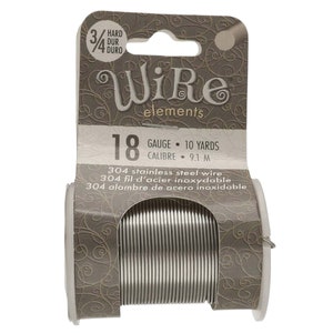 May include: A roll of 18 gauge, 304 stainless steel wire, 10 yards long. The wire is silver in color and is packaged on a white spool with a brown label that says "Wire elements".