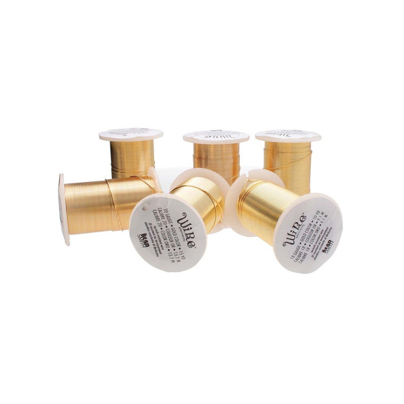May include: Six spools of gold-colored wire, each labeled "Wire" with the gauge and length in inches. The spools are arranged in a semi-circle on a white background.
