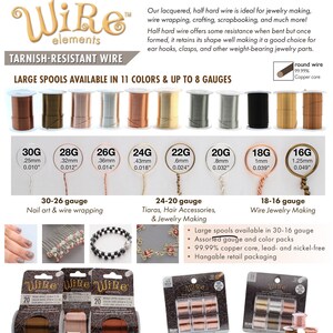 May include: Spools of tarnish-resistant copper wire in 11 colors and 8 gauges. The wire is available in 30-26 gauge, 24-20 gauge, and 18-16 gauge. The wire is ideal for jewelry making, wire wrapping, crafting, and scrapbooking. The packaging is hangable and includes a 99.99% copper core, lead and nickel-free.