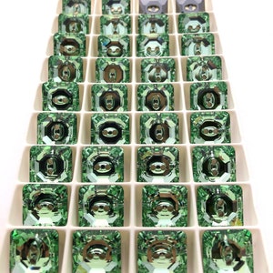 Swarovski Crystal, Square Buttons, Chrysolite 14mm Sew-on Button #3017 ~ 6 Pieces
