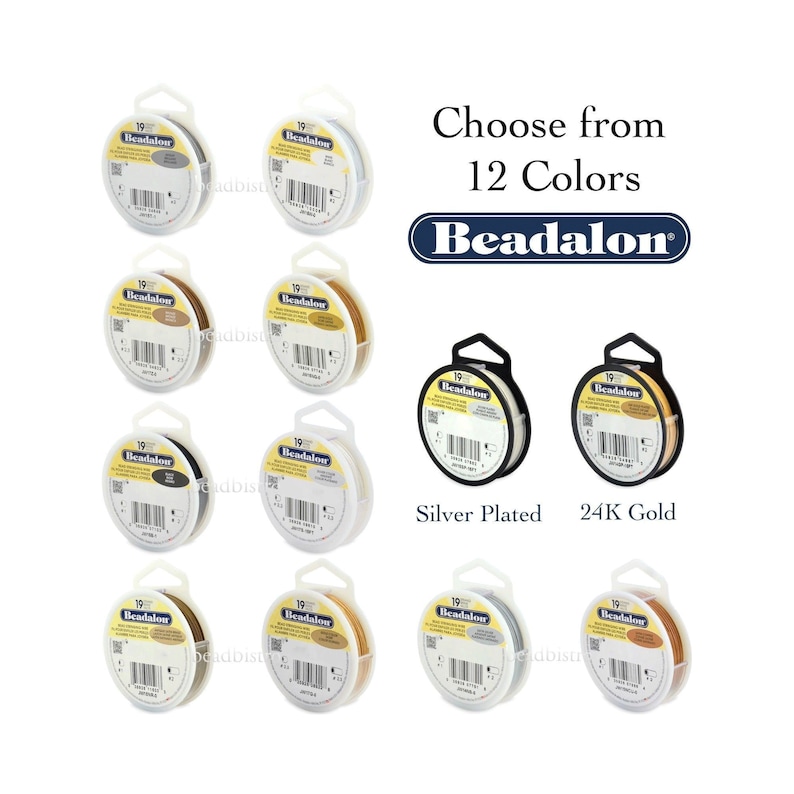 May include: Twelve spools of Beadalon beading wire in various colors, including silver plated and 24K gold. Each spool is labeled with the Beadalon logo and the number 19.