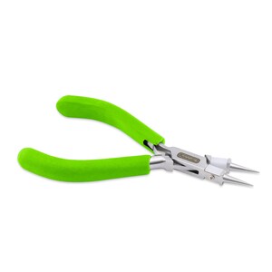 May include: Green handled pliers with a silver metal head and pointed tips. The pliers are designed for jewelry making.