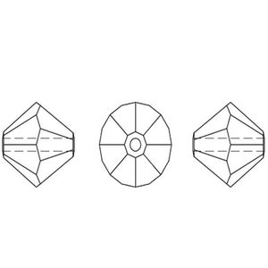 May include: A line drawing of a crystal bead in three different views. The bead is faceted and has a hole in the center.