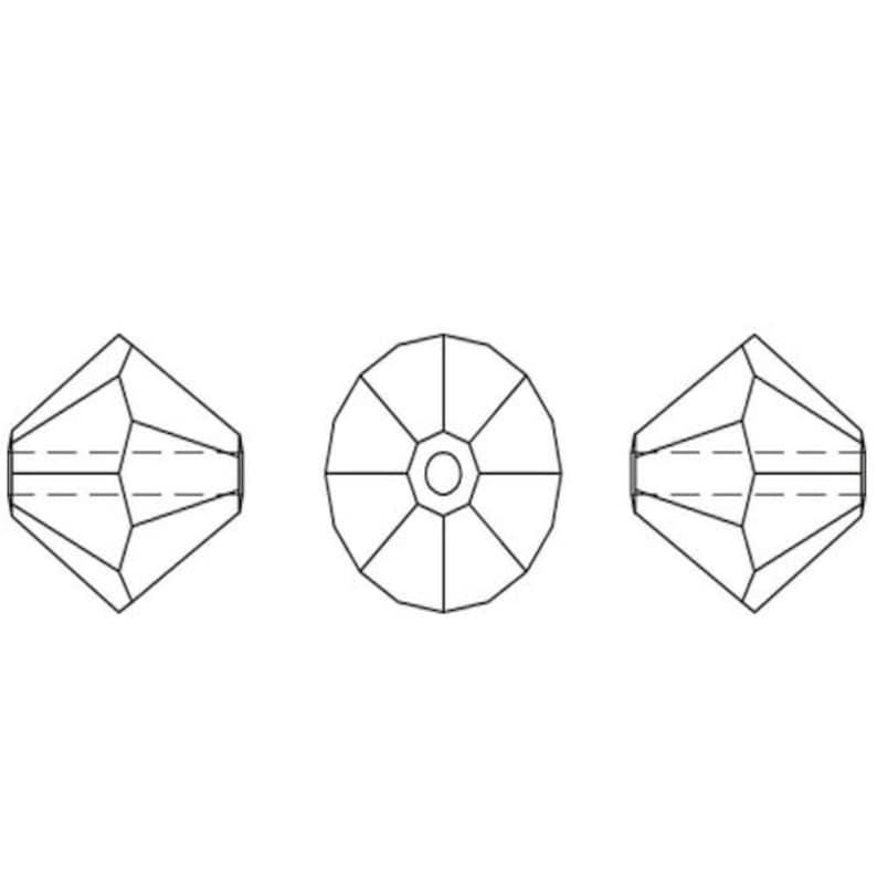 May include: A line drawing of a crystal bead in three different views. The bead is faceted and has a hole in the center.