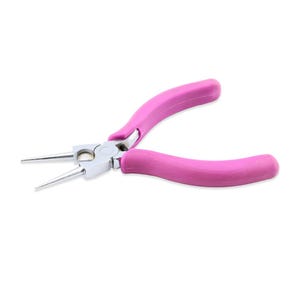 May include: Pink handled pliers with silver metal jaws. The pliers are designed for jewelry making.