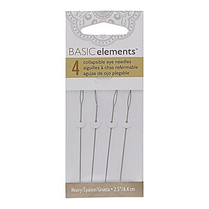 Puede incluir: Paquete de cuatro agujas de ojo plegable de plata, etiquetadas "BASIC elements" y "Heavy/&Eacute;paisse/Gruesa 2.5"/6.4 cm".