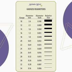 May include: A chart showing the different gauges and diameters of Artistic Wire. The chart lists the gauge, diameter in millimeters, diameter in inches, and relative size. The chart is organized from the largest gauge to the smallest gauge.