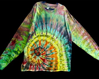L Earthy Rainbow Spiral Tie Dye Long Sleeve T-shirt: Lemon Yellow, 100% Cotton