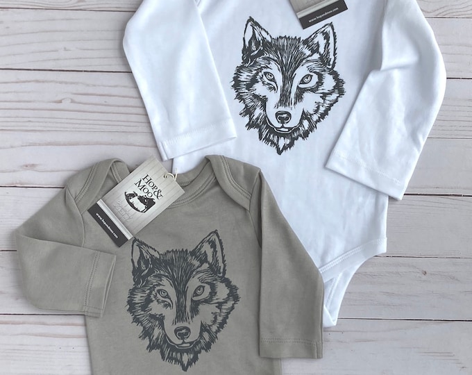 Featured listing image: ORGANIC Grey WOLF  Handprinted Baby Bodysuit ( White Shirt)