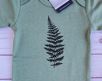 NEW! ORGANIC FERN Leaf - Nature- Camping- Baby Bodysuit/Romper/Shirt (Thyme Green Shirt)