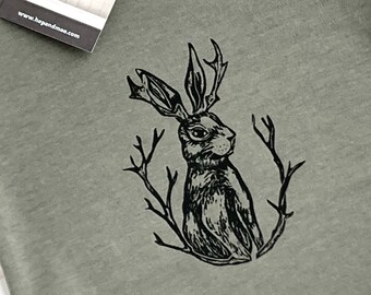 The JACK-A-LOPE ! ORGANIC  Bunny/Rabbit/Hare Handprinted Baby Bodysuit (Dark Grey Shirt)