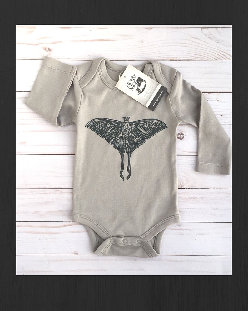 GREY Shirt ORGANIC Luna MOTH Hand Printed Baby Bodysuit