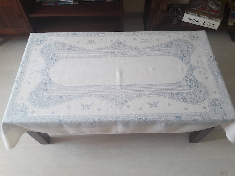 145 cm x 95 cm White and bue linen tablecloth soviet linen tablecloth tablecloth rectangle rustic table cloth flax tablecloth