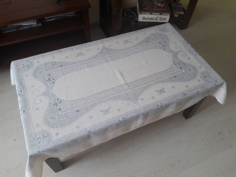 145 cm x 95 cm White and bue linen tablecloth soviet linen tablecloth tablecloth rectangle rustic table cloth flax tablecloth