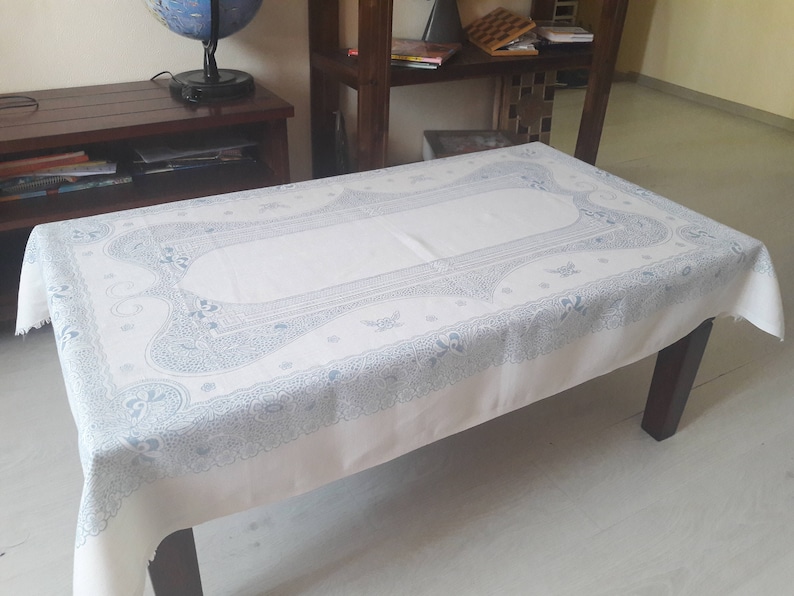 145 cm x 95 cm White and bue linen tablecloth soviet linen tablecloth tablecloth rectangle rustic table cloth flax tablecloth