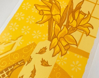 Paper Daffodils in a yellow room | Yellow Flowers | Still Life, Lino Print | Lino Cut. Hand printed, limited edition, original