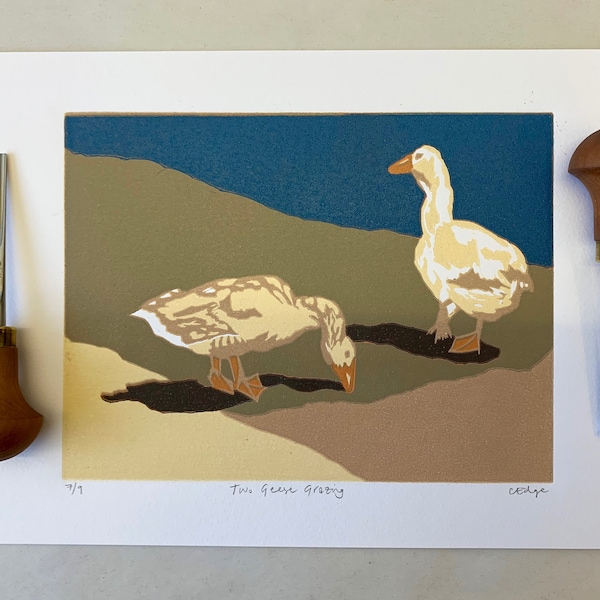 Two Geese Grazing, Bird Lino Print | Lino Cut. Hand printed, limited edition, original reduction print..